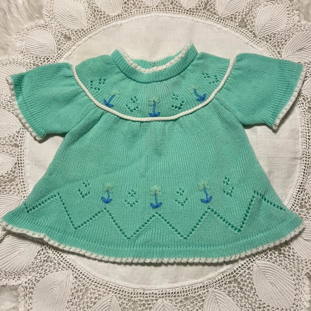 Infant Vintage Novelty Knits Light Green Sweater Dress Flowers Pointelle No Size